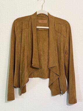 BlankNYC Tan Faux Suede Leather Drape-Front Moto Jacket - S